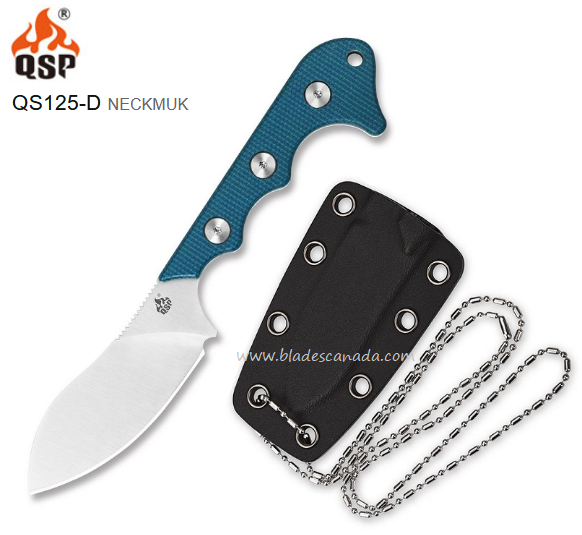 QSP Neckmuk Fixed Blade Neck Knife, D2 Steel, Micarta Blue, Kydex Sheath, QS125-D